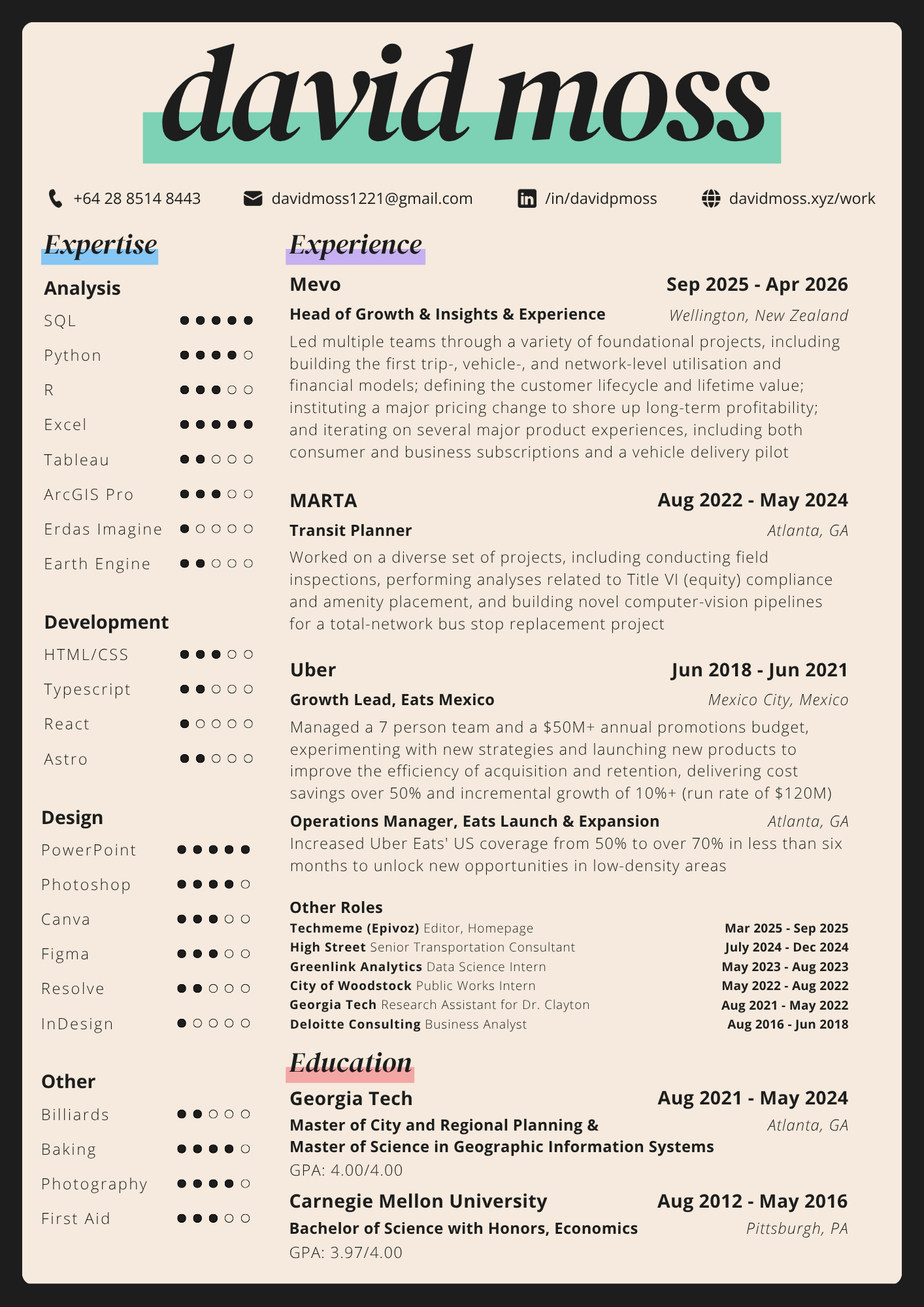 David Moss's résumé, as an image. The readable text version is the PDF linked above.